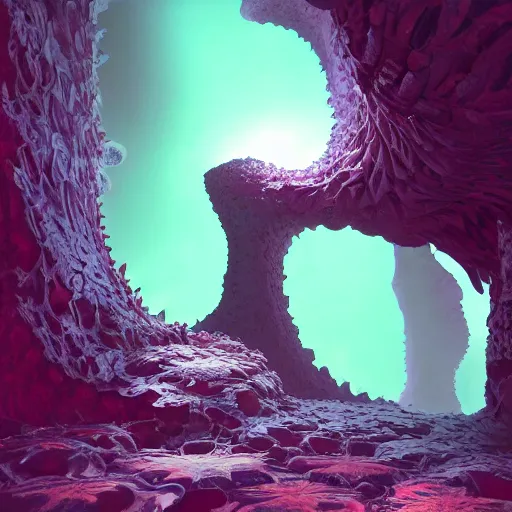 Prompt: organic fractal cave with beautiful colors with lurking monster, render, octane, cgi, mandelbulb3d