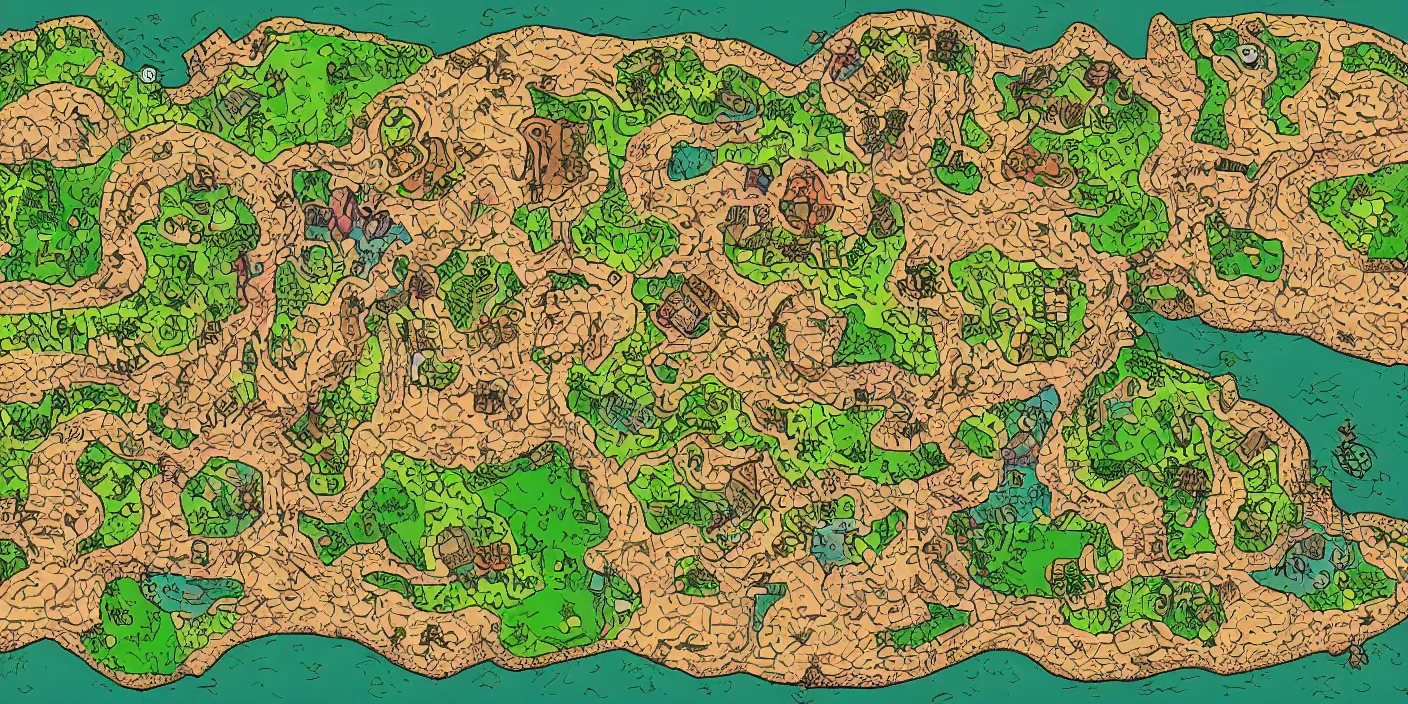 Image similar to a rpg map with random colored regions detailed, flat vivid colors and strokes digital painting