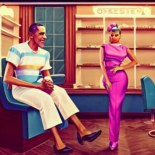 Image similar to 1 9 6 0 s illustration portrait of nicki minaj sitting next to barack obama in a barbershop. cinematic scene. ambient lighting, pastel earth colors, hyper detailed. octane render. concept art. trending on artstation.