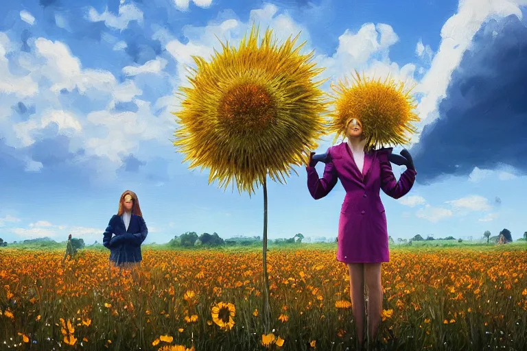 Image similar to giant thistle flower head, girl in suit in field of flowers, surreal photography, sunrise, blue sky, dramatic light, impressionist painting, digital painting, artstation, simon stalenhag