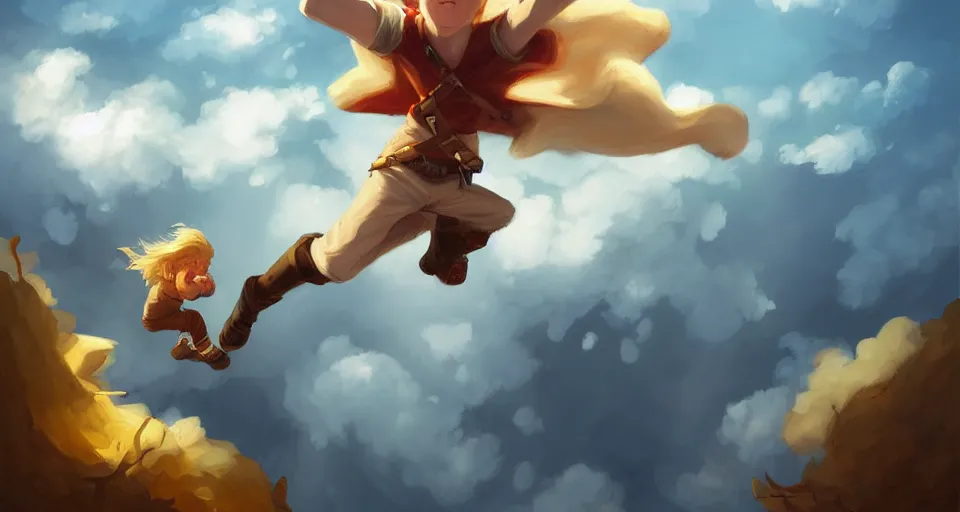 Image similar to a young blonde boy fantasy thief flying through the clouds, andreas rocha style