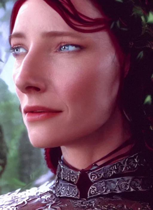 Prompt: film still of Emma Thompson as Arwen in The Lord of the Rings, 4k