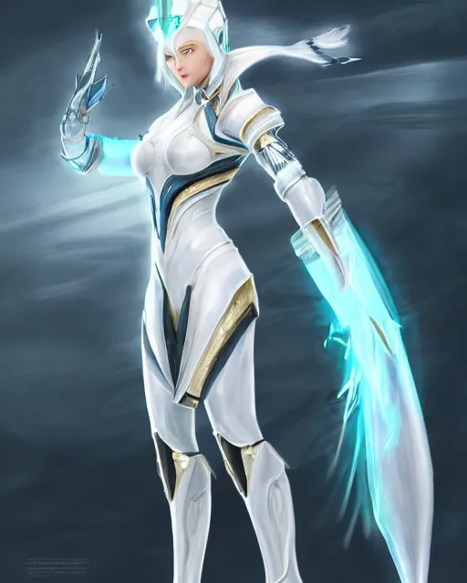 Image similar to perfect white haired attractive egyptian goddess, warframe armor, beautiful, symmetric, dreamy, half asian, pretty face, green eyes, charlize theron, detailed, scifi platform, laboratory, experiment, 4 k, ultra realistic, epic lighting, android body, illuminated, cinematic, masterpiece, art by akihito tsukushi, voidstar