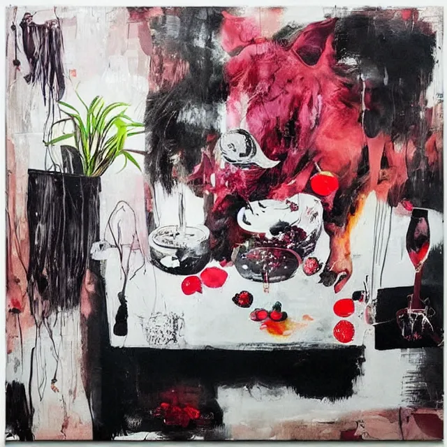 Image similar to “ a portrait in a female art student ’ s apartment, sensual, a pig theme, art supplies, paint tubes, ikebana, herbs, a candle dripping white wax, black walls, squashed berries, berry juice drips, acrylic and spray paint and oilstick on canvas, surrealism, neoexpressionism ”