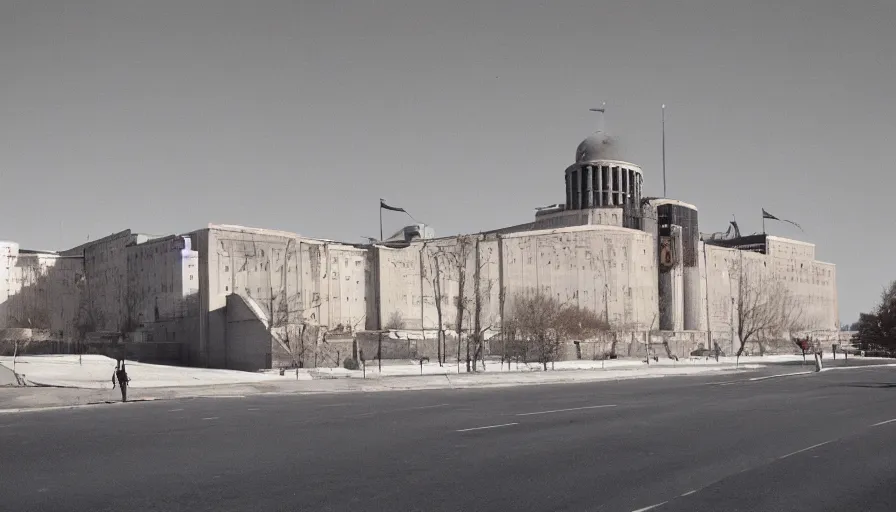 Image similar to 60s movie still of a sovietic museum stalinist style, cinestill 800t 10mm eastmancolor, liminal Space style, heavy grain, high quality, high details, panoramic