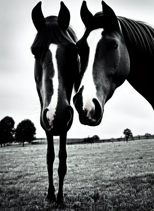 Image similar to two horses black and white portrait white sky in background
