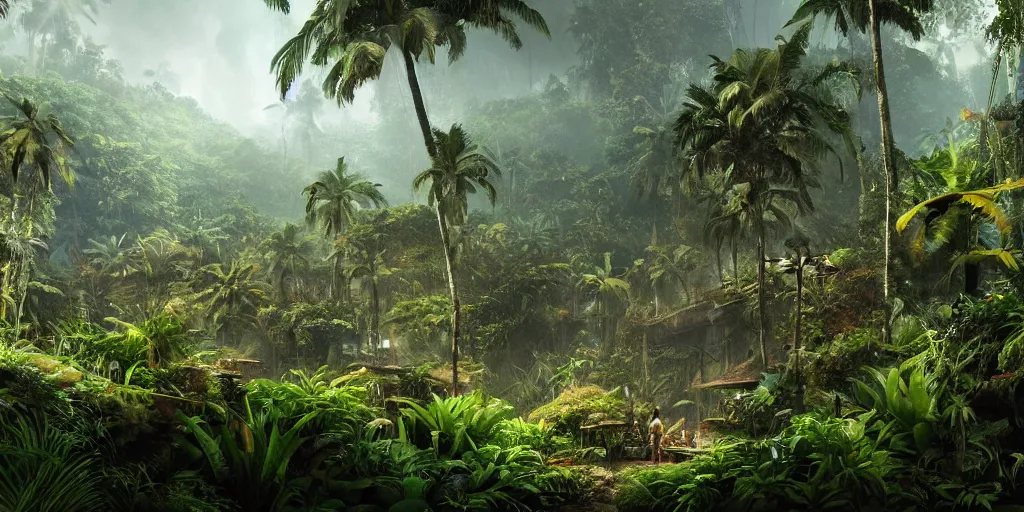 Image similar to tropical jungle, wall wood fortress, Photorealistic, plants environment, wide angle, establishing shot, cinematic lighting, atmospheric, realistic, octane render, highly detailed, color graded, matte painting in the style of craig mullins