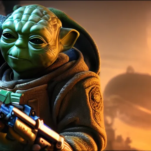 Image similar to yoda as buzz lightyear buzz lightyear in gears of war, splash art, movie still, cinematic lighting, dramatic, octane render, long lens, shallow depth of field, bokeh, anamorphic lens flare, 8 k, hyper detailed, 3 5 mm film grain