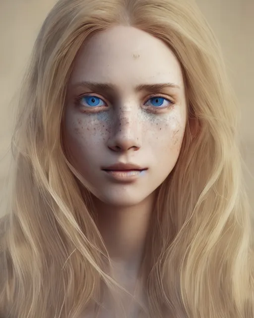 Image similar to portrait of a pretty russian girl, blue eyes, freckles, blonde hair, half korean, au naturel, hyper detailed, digital art, trending in artstation, cinematic lighting, studio quality, smooth render, fluorescent skin, unreal engine 5 rendered, octane rendered, art style by klimt and nixeu and ian sprigger and wlop and krenz cushart