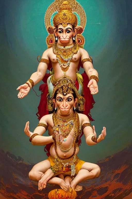 Image similar to a full body portrait of a beautiful ornated hanuman god, arms pointing up!!!, meditative sacral pose, hindu stages of meditation, intricate, elegant, highly detailed, digital painting, artstation, concept art, smooth, sharp focus, illustration, art by krenz cushart and artem demura and alphonse mucha