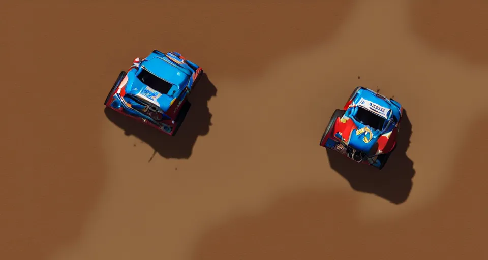Image similar to Aerial view of a Lancia Stratos Rally car racing in a desert, landscape, center composition, cinematic, rendered by simon stålenhag, rendered by Beeple, Makoto Shinkai, syd meade, environment concept, digital art, unreal engine, WLOP, trending on artstation, 4K UHD image, octane render,
