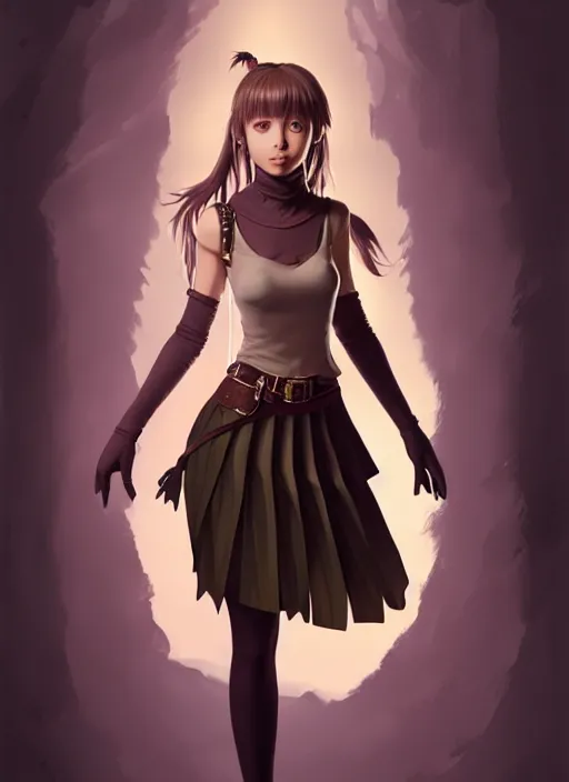 Image similar to portrait of a full body of beautiful young female detective, d & d, sleeveless turtleneck, pleated skirt, fantasy, flat lighting, intricate, highly detailed, digital painting, artstation, concept art, smooth, sharp focus, illustration, misa amane, art by simon bisley and greg rutkowski and alphonse mucha, natural tpose