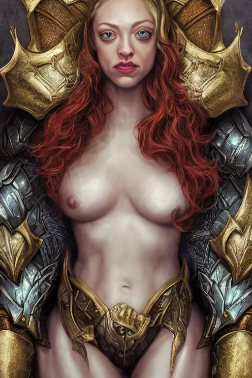 Prompt: A fantasy comic book style, composite portrait painting of Amanda Seyfried, Cory Chase as an Atlantean, Reptilian Warrior, Mystical Valkyrie, Armor, Sword, Spear, Sheild, François Boucher, Oil Painting, unreal 5, DAZ, hyper realistic, Photorealistic, octane render, Regal, Refined, Coherent, Detailed Digital Art, RPG portrait, William-Adolphe Bouguereau, Michael Cheval, Walt Disney (1937), Steampunk, Golden dappled dynamic lighting, Highly Detailed, Theophanic atmosphere, Cinematic Lighting, Unreal Engine, 8k, HD