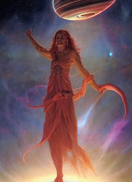 Image similar to biblical beautiful female druid android, bright glowing veins, in clouds, in front of a black hole, sunset, supernova, by gerald brom, by peter elson, muted colors, extreme detail, reflections, trending on artstation, 8 k