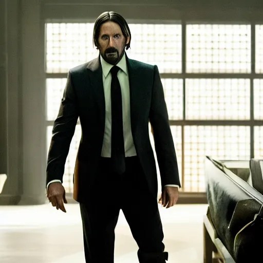 Image similar to a cinematic film still of steve carell in john wick