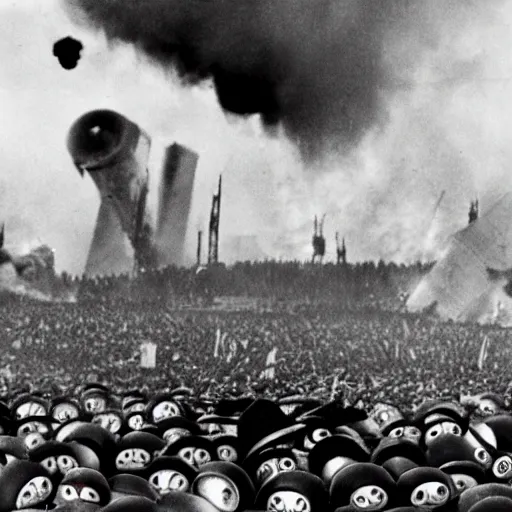 Image similar to minions characters at the hindenburg disaster.