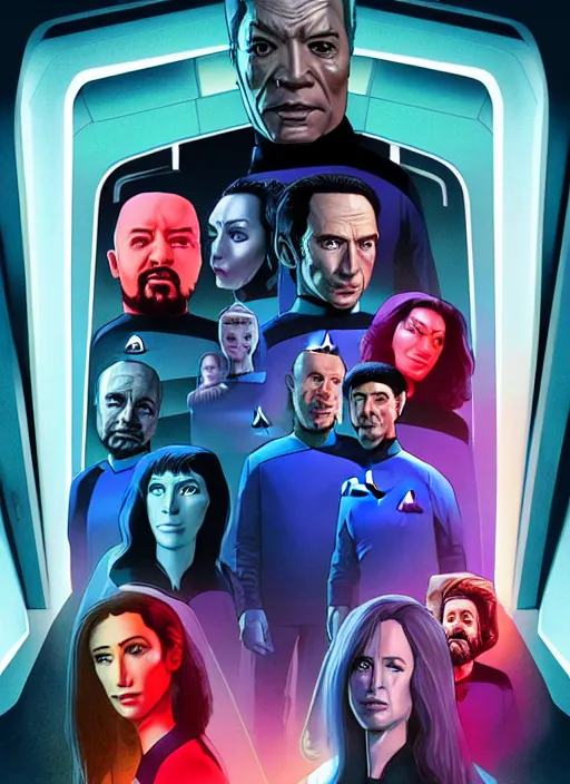 Image similar to Star Trek TNG crew portrait photo, Cyberpunk 2049, highly detailed, pop art poster, vector art, Unreal engine, Octane render, Weta digital, HDRP, RTX, volumetric lighting, poster artwork by Michael Whelan and Tomer Hanuka