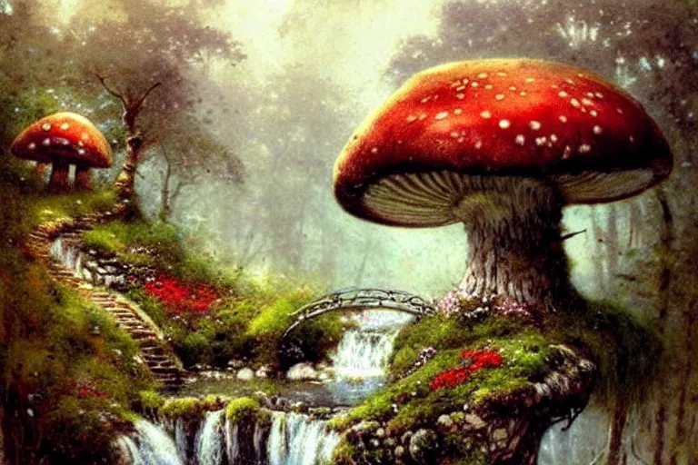 Image similar to adventurer ( ( ( ( ( 1 9 5 0 s retro future forrest of giant mushrooms, moss and flowers stone bridge waterfall and cottage. muted colors. ) ) ) ) ) by jean baptiste monge!!!!!!!!!!!!!!!!!!!!!!!!! chrome red