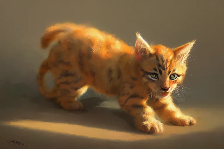 Prompt: A bright, happy painting of a huge kitten by Craig Mullins, beautiful, hyperrealistic, high-quality, professional, dramatic lighting, extremely high detail, trending on artstation