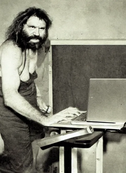 Prompt: old photo of a caveman using a laptop computer