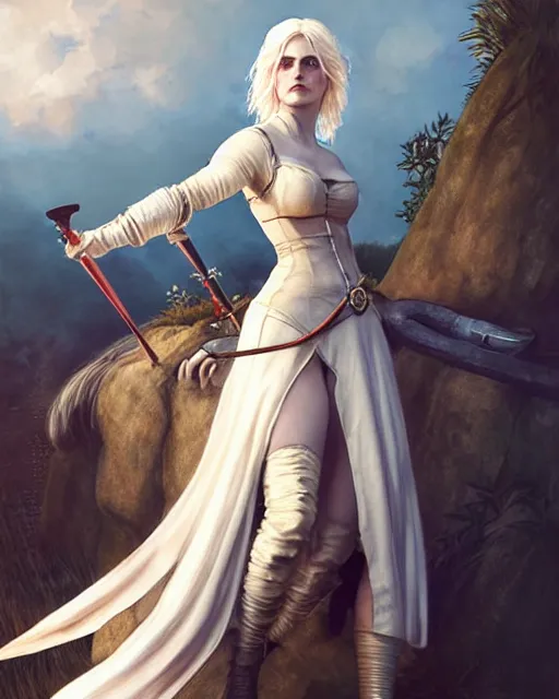 Image similar to Pre-Raphaelite Ciri from Witcher 3 by Artgerm and Greg Rutkowski, sharp focus, sun rays, full body, wearing haute couture by schiaparelli, intricate, elegant, highly detailed, digital painting, pale