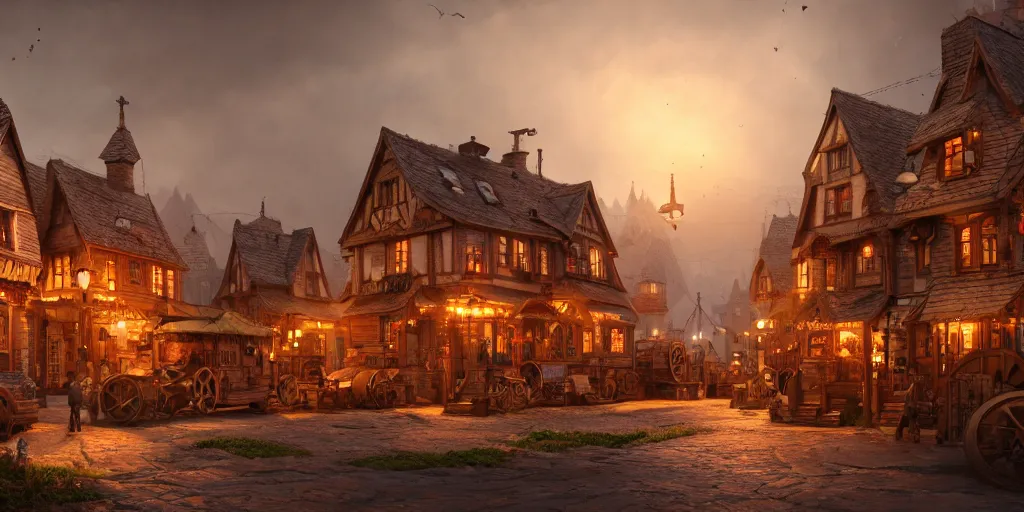 Image similar to a small steampunk wooden village, rich, soft colours, natural, steam, big clocks, concept art, octane render, unreal engine, in the style of luca guadagnino, highly detailed, high quality, artstation, digital art, 8 k hdr, cinematic, dramatic lighting, scenic, rich colour scheme