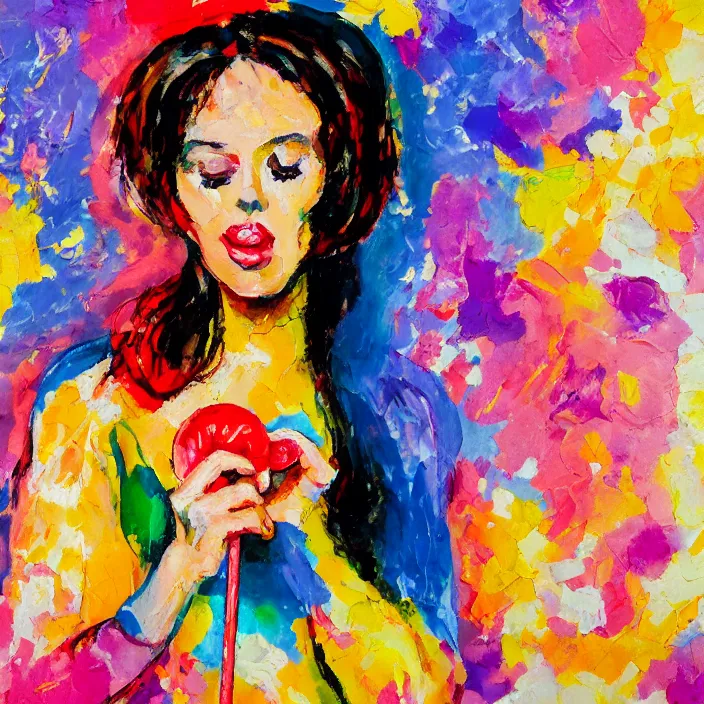 Image similar to portrait of beautiful woman licking a lollipop painted with colorful gouache impasto