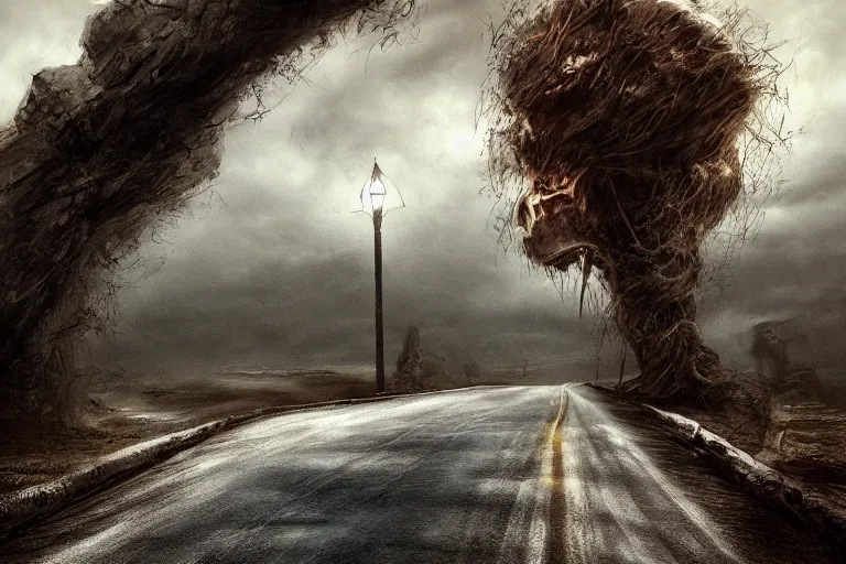 Image similar to a road to nowhere, grim, dark art, digital art, realistic, trending on artstation, detailed