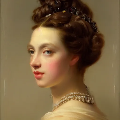 Prompt: an beautiful portrait render of a Queen by Franz Xaver Winterhalter, vivid, trending on artstation, Pinterest, beautiful face, highly detailed, fancy, Romanticism, Rococo