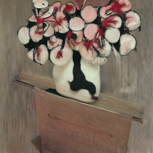 Image similar to “pig paintings and pig sculptures in a pig art gallery, pork, ikebana white flowers, white wax dripping, squashed raspberry stains, acrylic and spray paint and oilstick on canvas, by munch and Dali”