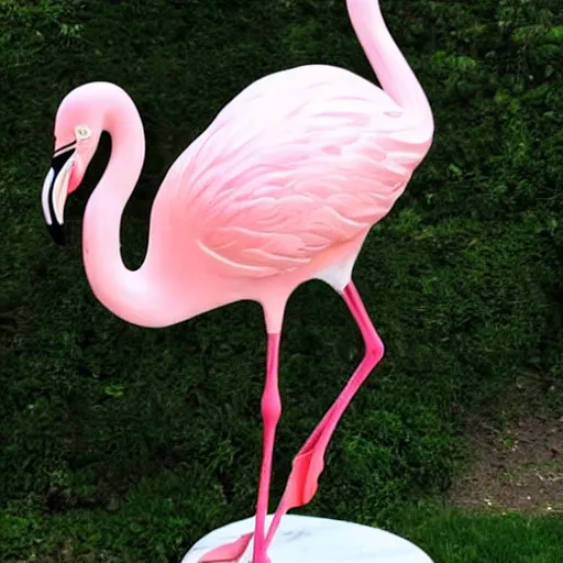 Prompt: a marble statue of a flamingo painted in a rose pink shade, close-ups, varying angles, warm lighting,
