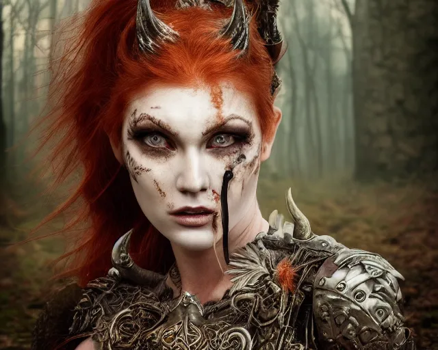 Image similar to 5 5 mm portrait photo of an armored gorgeous anesthetic redhead woman warrior with a face tattoo and horns growing from her head, and dragon sitting on her shoulder in a magical forest in the style of stefan kostic, art by luis royo. highly detailed 8 k. intricate. lifelike. soft light. nikon d 8 5 0. cinematic post - processing