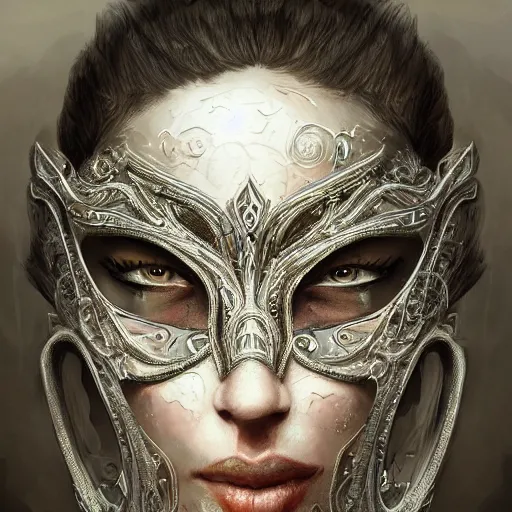 Image similar to Very very very very highly detailed epic photo of face with venetian mask, intricate, dystopian, sci-fi, extremely detailed, digital painting, artstation, concept art, smooth, sharp focus, illustration, intimidating lighting, incredible art by Anton Pieck