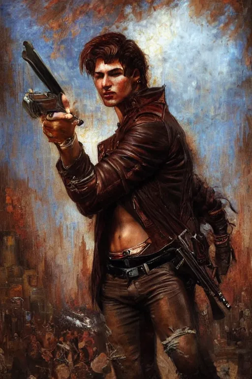 Image similar to a thirty - five year old contract killer named cobalt. he wears a brown leather jacket with a bloody white t - shirt tucked into his jeans. art by gaston bussiere.