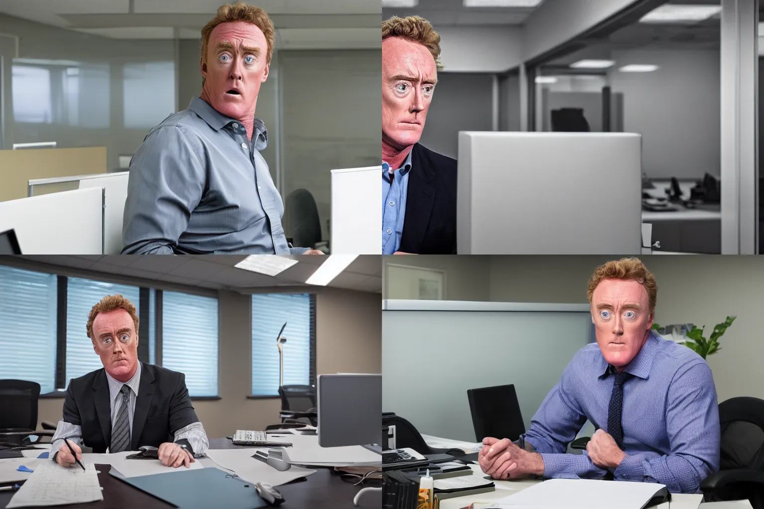 Prompt: john c mcginley looking angry working in an office, ultra detailed photograph, 4k photo