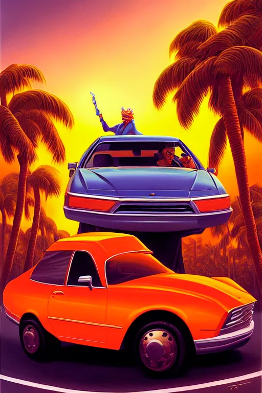 Prompt: classic oil painting, a giant orange fruit wearing sunglasses driving at night in miami as a dnd character, cottagecore, highly detailed, digital illustration, concept art, smooth, sharp focus, art by tim hildebrandt, and greg hildebrandt