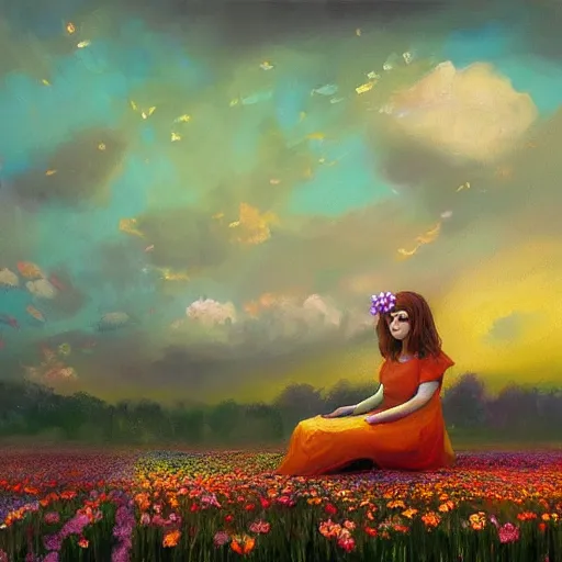 Image similar to giant daisy flower head, girl sitting in a flower field, surreal photography, sunrise, dramatic light, impressionist painting, colorful clouds, digital painting, artstation, simon stalenhag