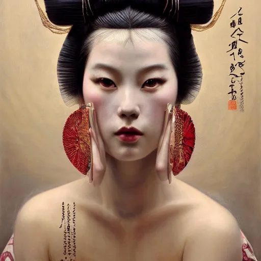 Prompt: highly detailed oil painting | very intricate | cinematic lighting | award - winning | the scandinavian viking geisha in an exquisite tribal kimono | by roberto ferri, by tom bagshaw, by j. c. leyendecker and klimt, beautiful cinematic light, american romanticism, by austin osman spare, artstation, cgsociety, official art, octane