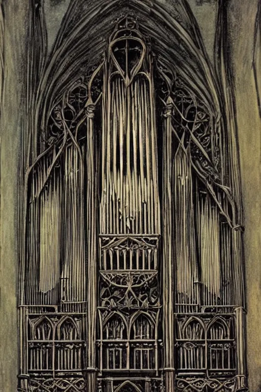Prompt: a gothic pipe organ, graphic novel style by alan lee and john howe