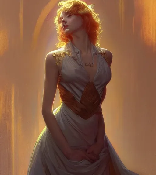 Prompt: a girl wearing a golden dress, grey hair, red necktie, cinematic, stunning, highly detailed, digital painting, artstation, smooth, hard focus, full body shot, illustration, art by artgerm and greg rutkowski and alphonse mucha