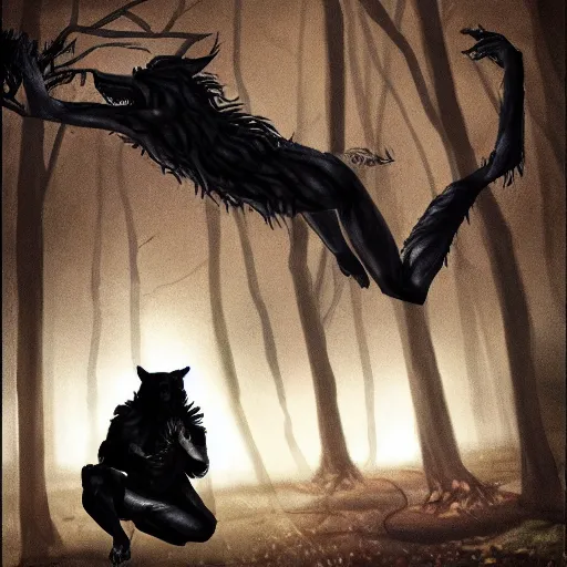 Image similar to a chained man slowly turning into a werewolf at a dusky forest, in the elden ring style