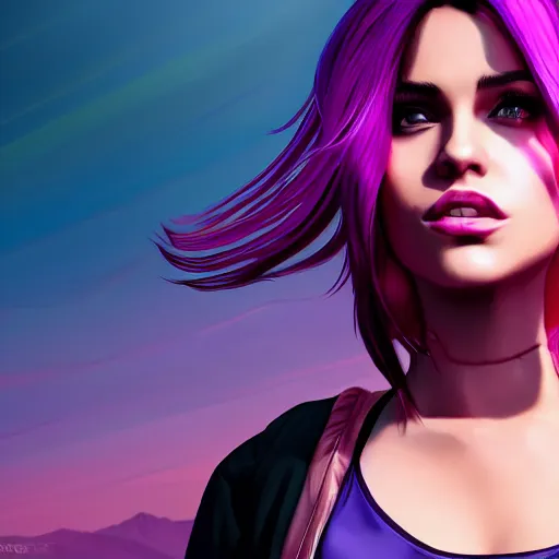 Image similar to a stunning GTA V loading screen with a beautiful woman with ombre hairstyle in purple and pink blowing in the wind, city streets, golden ratio, digital art, trending on artstation