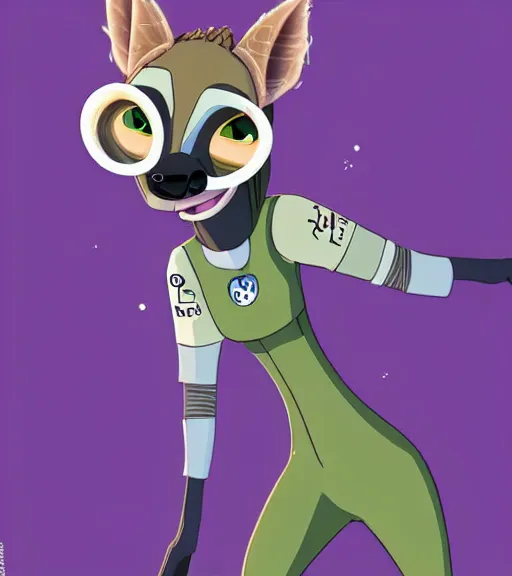 Image similar to digital detailed full body of anthromorphic female hyena, in style of zootopia, zootopia, zootopia, fursona, furry, furaffinity, 4 k, deviantart, wearing astronaut outfit, in style of zootopia, floating in space, space background, in deep space, dark background, hyena fursona, cyberpunk, female, stylized face,