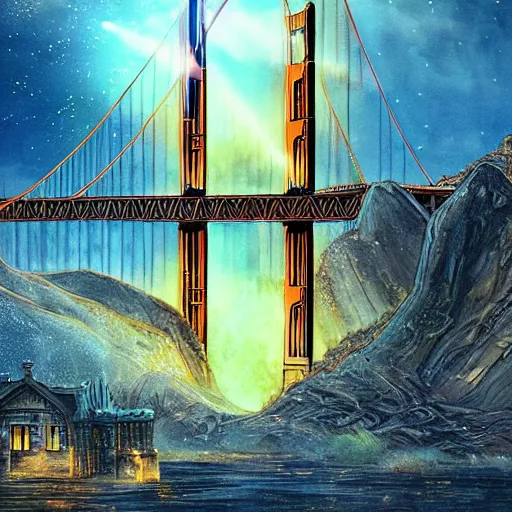 Image similar to glowing golden gate to the undertown, fantasy, ultra detailed