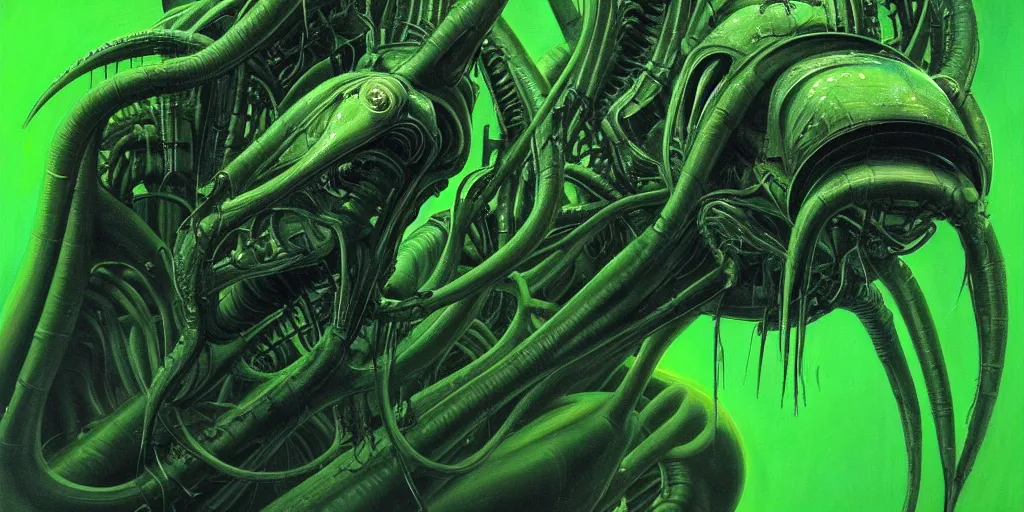 Image similar to a painting of a alien creature with a green background, an ultrafine detailed painting by h. r. giger, artstation, space art, reimagined by industrial light and magic, # vfxfriday, cosmic horror