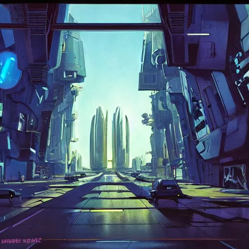 Prompt: derelict portal in a middle of a futuristic cityscape, world seen only through a portal, daylight, cinematic perspective, cinematic lighting, blue sky, syd mead, john harris