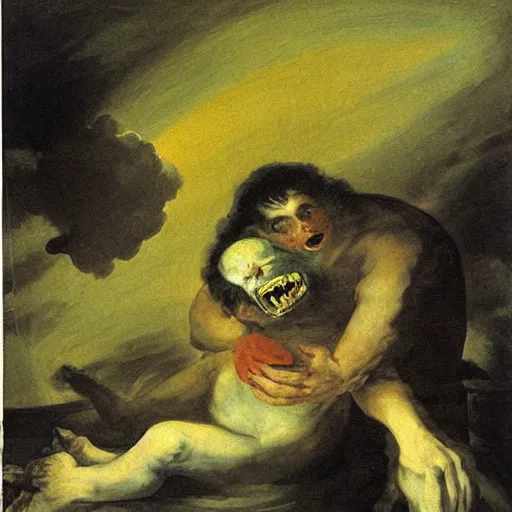 Image similar to saturn devouring his son, painting by francisco goya, oil painting