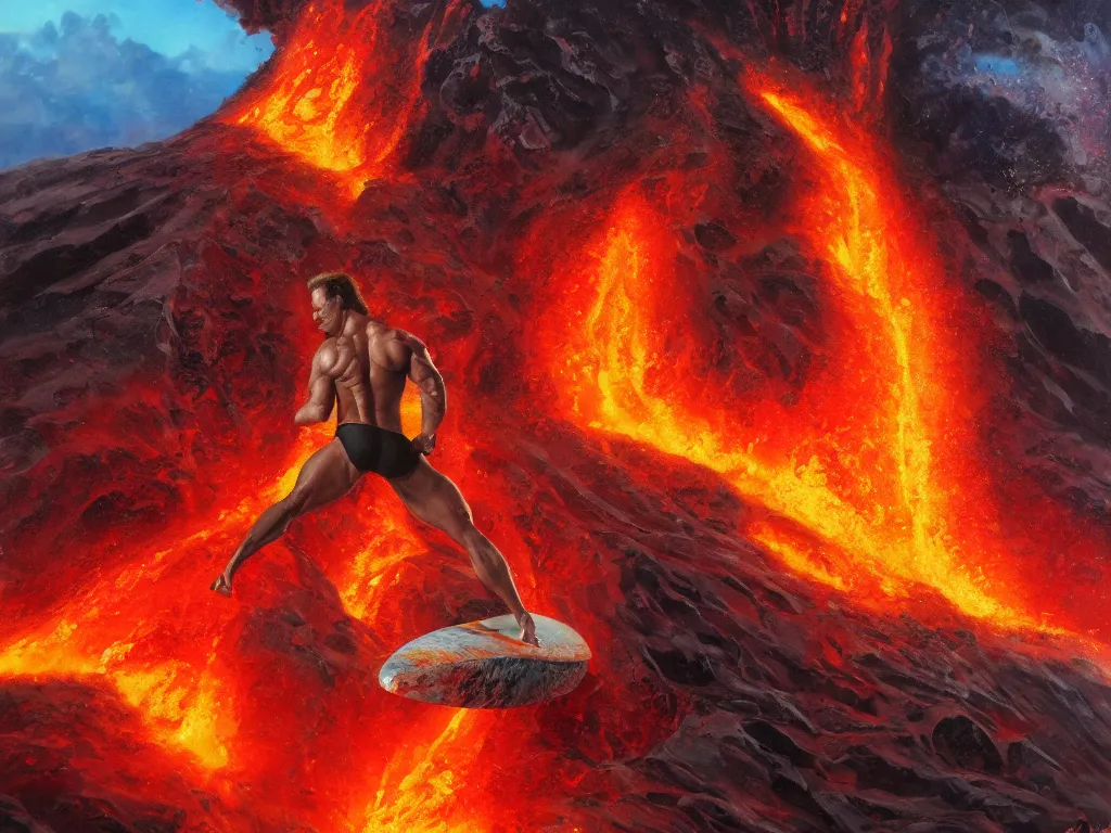 Image similar to arnold schwarzenegger surfing on lava from an erupting volcano by boris vallejo, stunning scene, 8 k, digital painting, hyperrealism, bright colors, trending on artstation