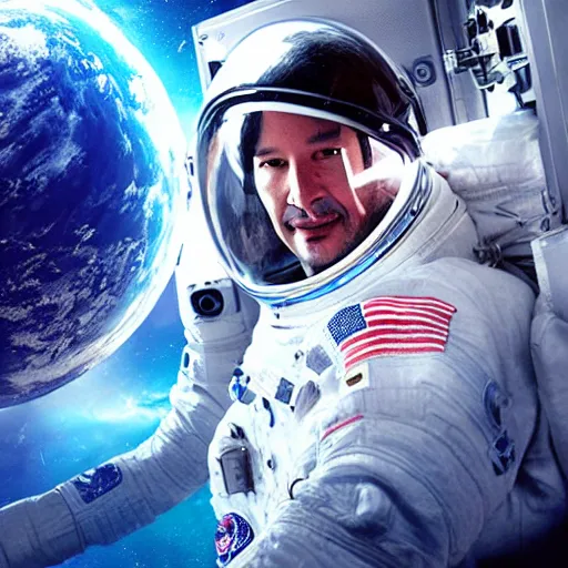 Image similar to keanu reeves in space with astronauts, instagram photo, full hd, 8 k, unreal engine, octane render, hyper detailed, hyper realistic, photorealistic