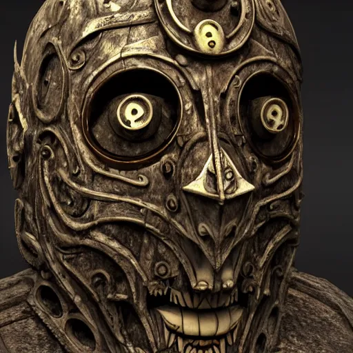 Image similar to an ominous dark ancient mask. cracks. hyper - detailed. gothic steampunk baroque. symmetric. epic. hyper - realistic. unreal render.